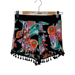 Trina Turk Floral Tassel Hem Shorts XS Black Multi Island Vacation